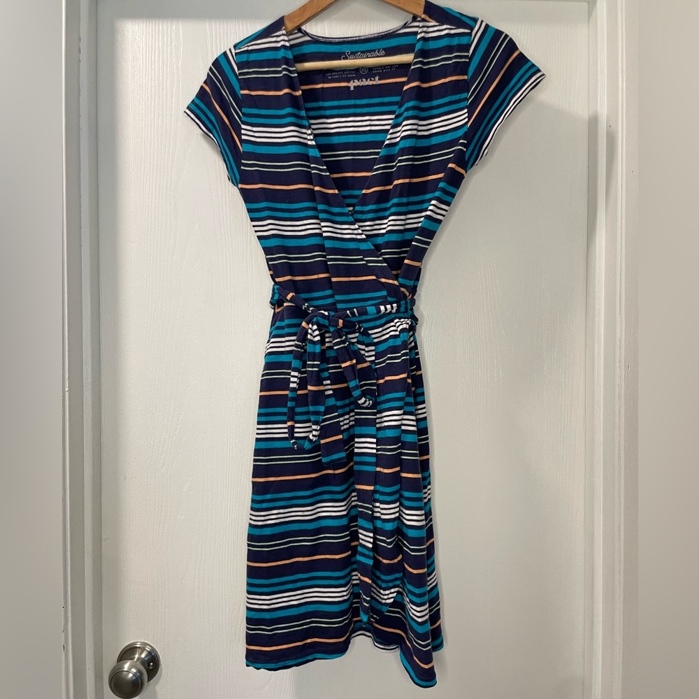 Pact Organic Cotton Striped Short Sleeve Wrap Dress in Blue. Size S